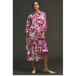 Anthropologie The Bettina Tiered Shirt Dress Maeve Violet Floral Pink XS NEW